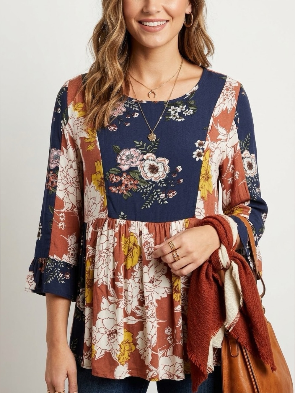 Ces Femme Mixed Floral Print Babydoll Top Size Small Boho Peasant Blouse